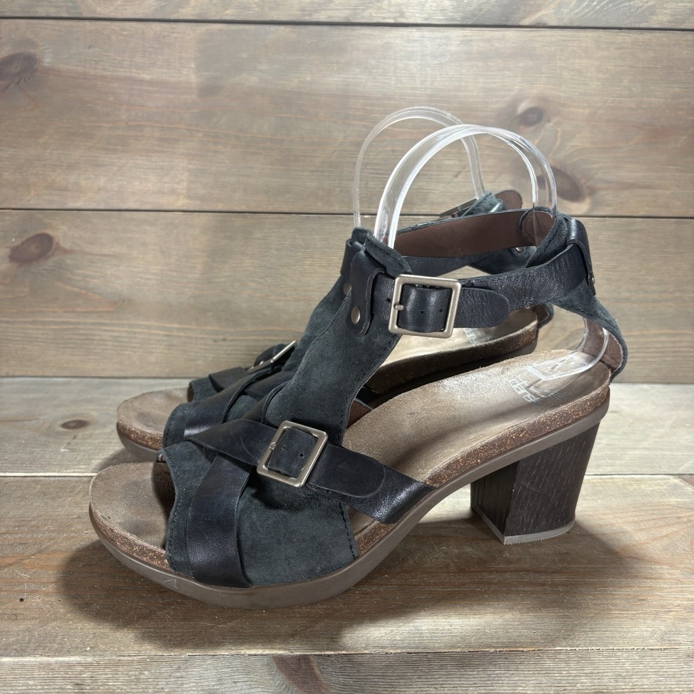 dansko dominique womens size 39 shoes black leather t strap heel sandals